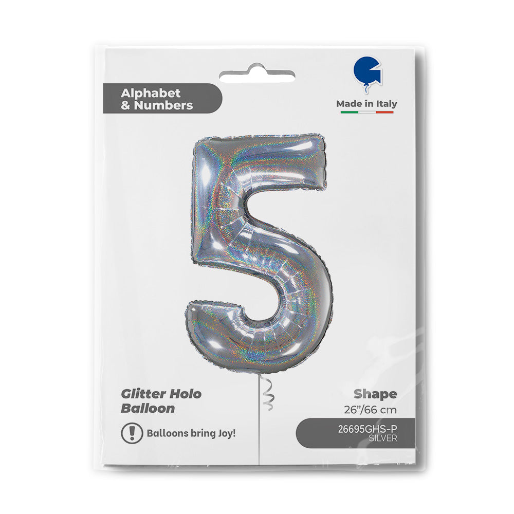 Number 5 Glitter Holographic Silver 26inc