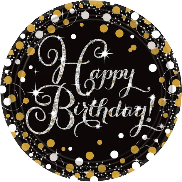 Sparkling Gold Happy Birthday Paper Plates (8) 23 cm