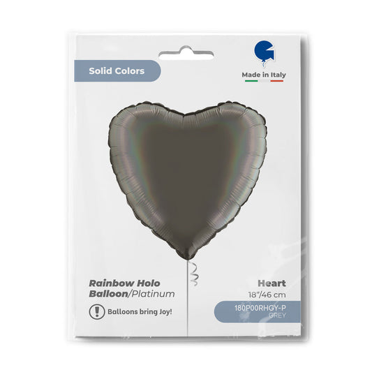Heart 18inc Rainbow Holographic Platinum Grey