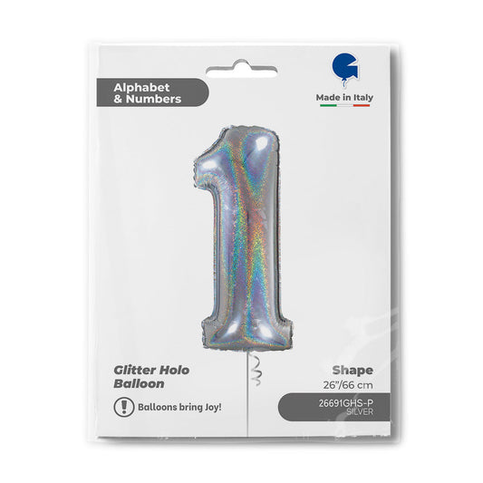 Number 1 Glitter Holographic Silver 26inc