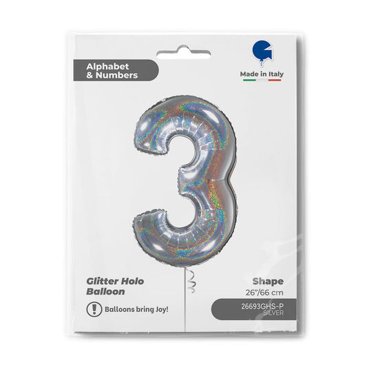 Number 3 Glitter Holographic Silver 26inc