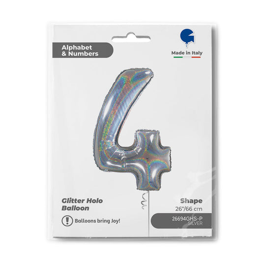 Number 4 Glitter Holographic Silver 26inc