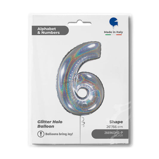 Number 6 Glitter Holographic Silver 26inc