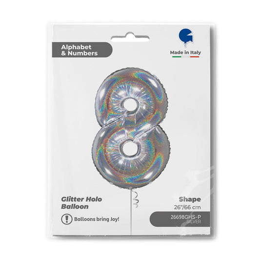 Number 8 Glitter Holographic Silver 26inc