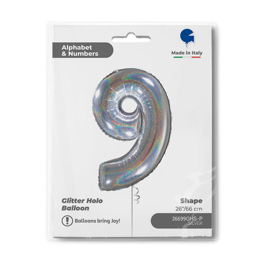 Number 9 Glitter Holographic Silver 26inc