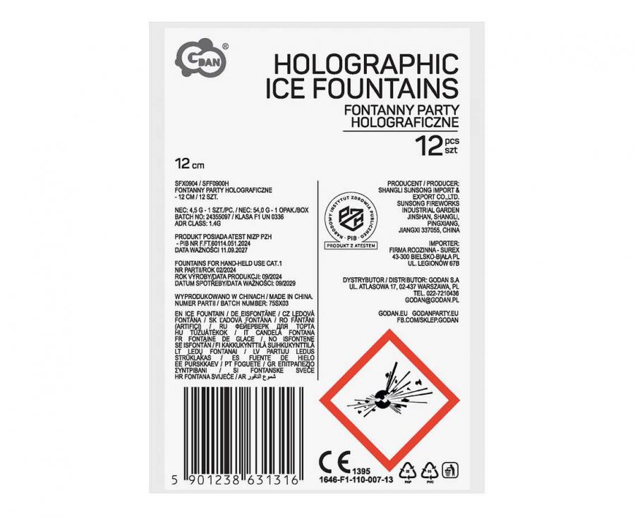 Party Fountains 12 cm / 12 Pack, holographic mix of colors