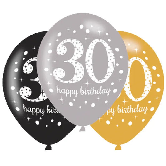 Sparkling 30th Birthday Latex Balloons (6) 27.5 cm