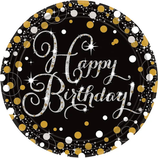 Sparkling Gold Happy Birthday Paper Plates (8) 23 cm
