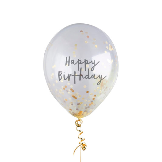 Gold 'Happy Birthday' Confetti 12" Latex Balloons - Pack of 5
