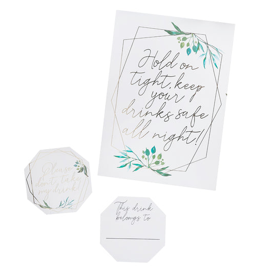 Geometric Greenery Glass Markers & Sign - Pack of 11