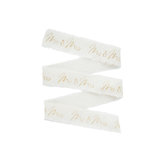 Gold 'Mr & Mrs' Frayed White Cotton Ribbon - 25mm x 5m
