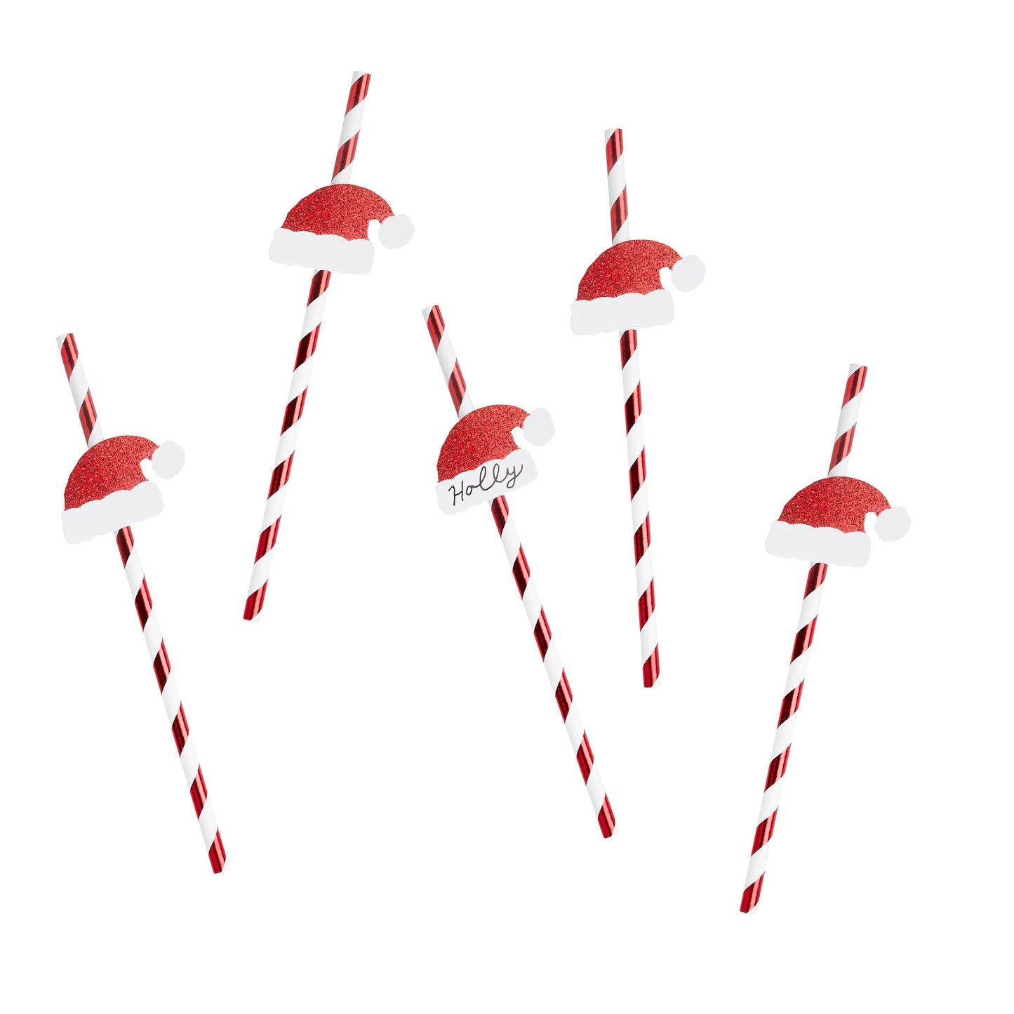 Red & White Striped Paper Straws with Santa Hat Drink Markers 16 Pack