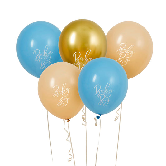 Blue Nude & Gold 'Baby Boy' 12" Latex Balloons- Pack of 5