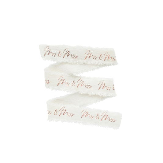 Rose Gold 'Mr & Mrs' Frayed White Cotton Ribbon - 25mm x 5m