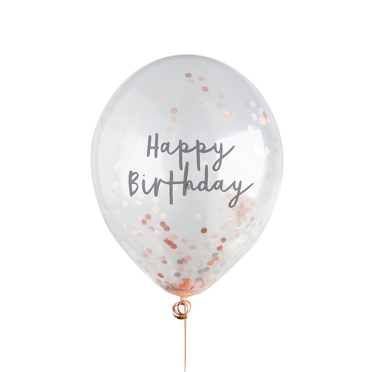Rose Gold 'Happy Birthday' Confetti 12" Latex Balloons - Pack of 5