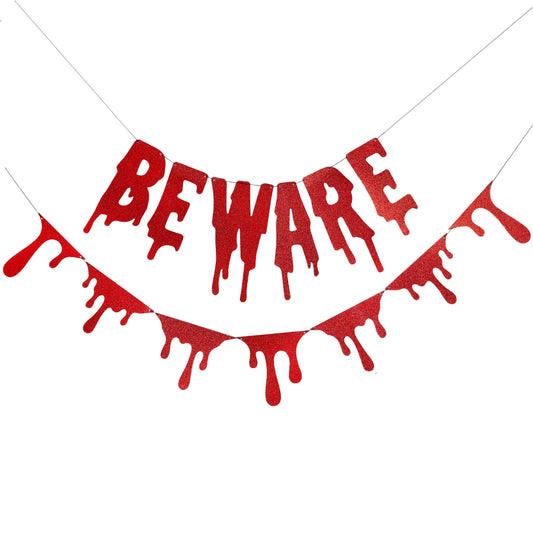 Red 'Beware' Glitter Card Banner 2m