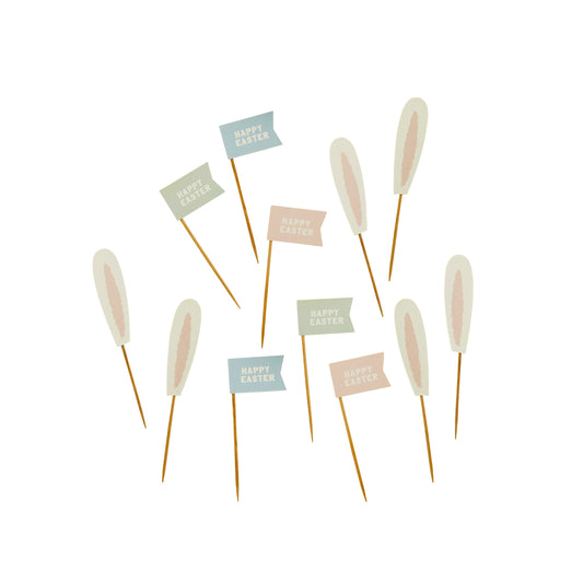 Bunny Ears & Happy Easter Flag Food Picks - Pack of 12
