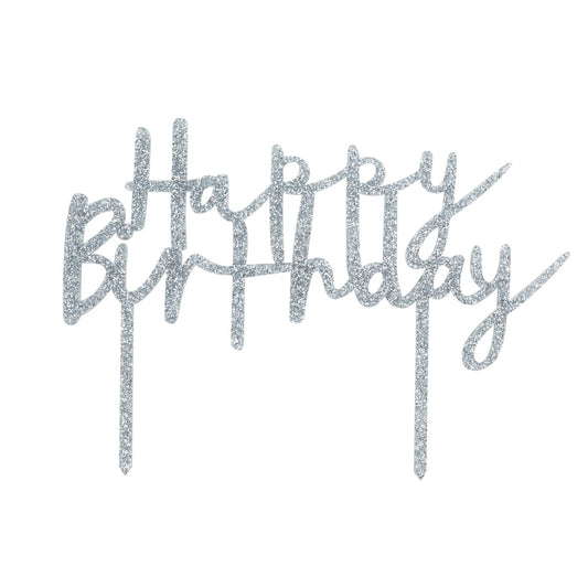 Silver 'Happy Birthday' Glitter Acrylic Cake Topper