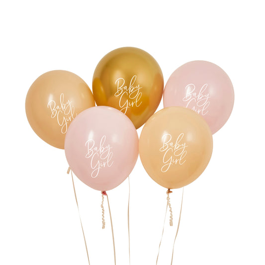 Pink  Nude & Gold 'Baby Girl' 12" Latex Balloons - Pack of 5