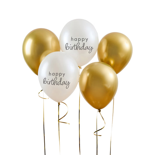 Gold & Pearl 'Happy Birthday' 12" Latex Balloons - Pack of 5