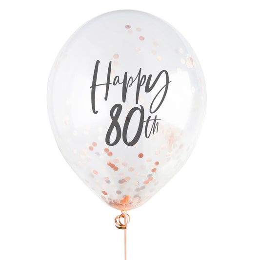 Rose Gold 'Happy 80th' Confetti 12" Latex Balloons - Pack of 5