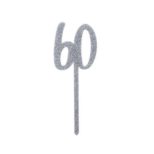 Silver Number '60' Glitter Acrylic Cake Topper