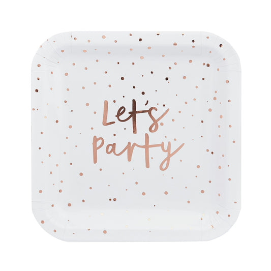 Rose Gold 'Let's Party' Paper Plates - Pack of 8