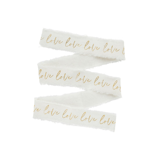 Gold 'Love' Frayed White Cotton Ribbon - 25mm x 5m