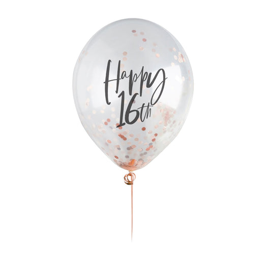 Rose Gold 'Happy 16th' Confetti 12" Latex Balloons - Pack of 5