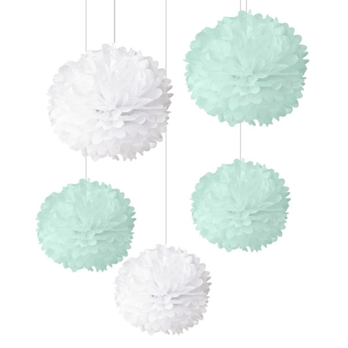 Mint & White Pom Poms - Pack of 5