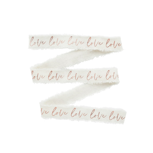 Rose Gold 'Love' Frayed White Cotton Ribbon - 25mm x 5m