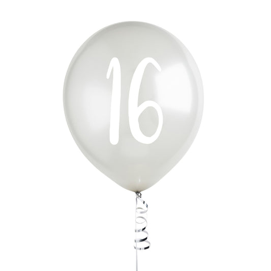 Silver Number '16' Latex 12'' Balloons - Pack of 5