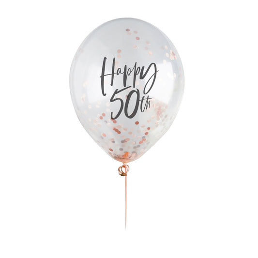 Rose Gold 'Happy 50th' Confetti 12" Latex Balloons - Pack of 5